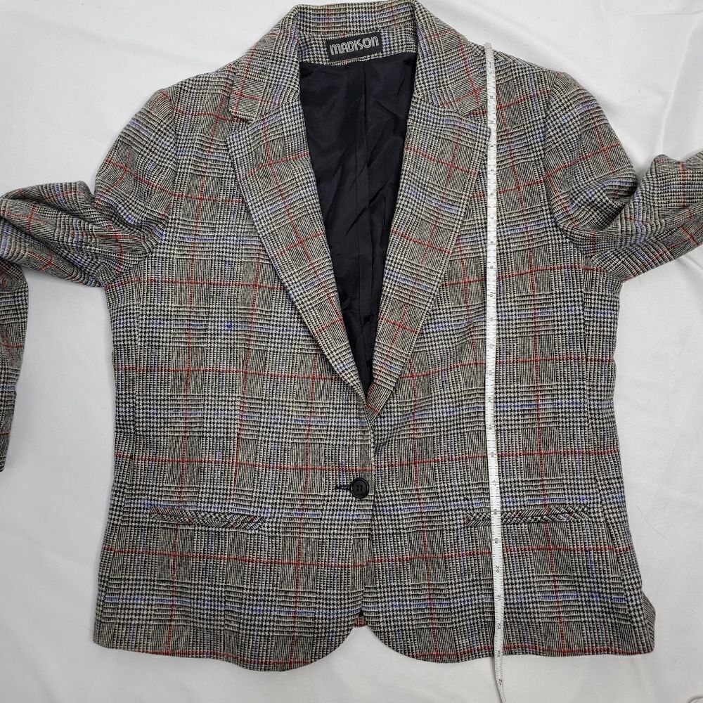 VINTAGE 80s skirt set dark academia wool plaid one button blazer suitM - Picture 13 of 16